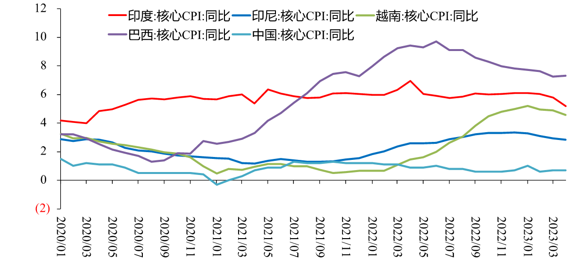 图9:发展中国家核心CPI 同比,%